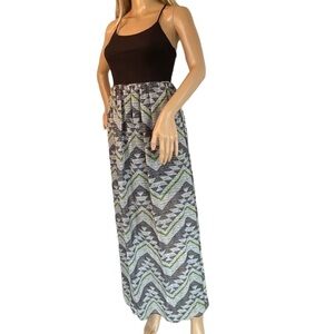 Mimi Chica Dress Grey Black Boho Southwest Maxi Size XS Western Print Sheer Long
